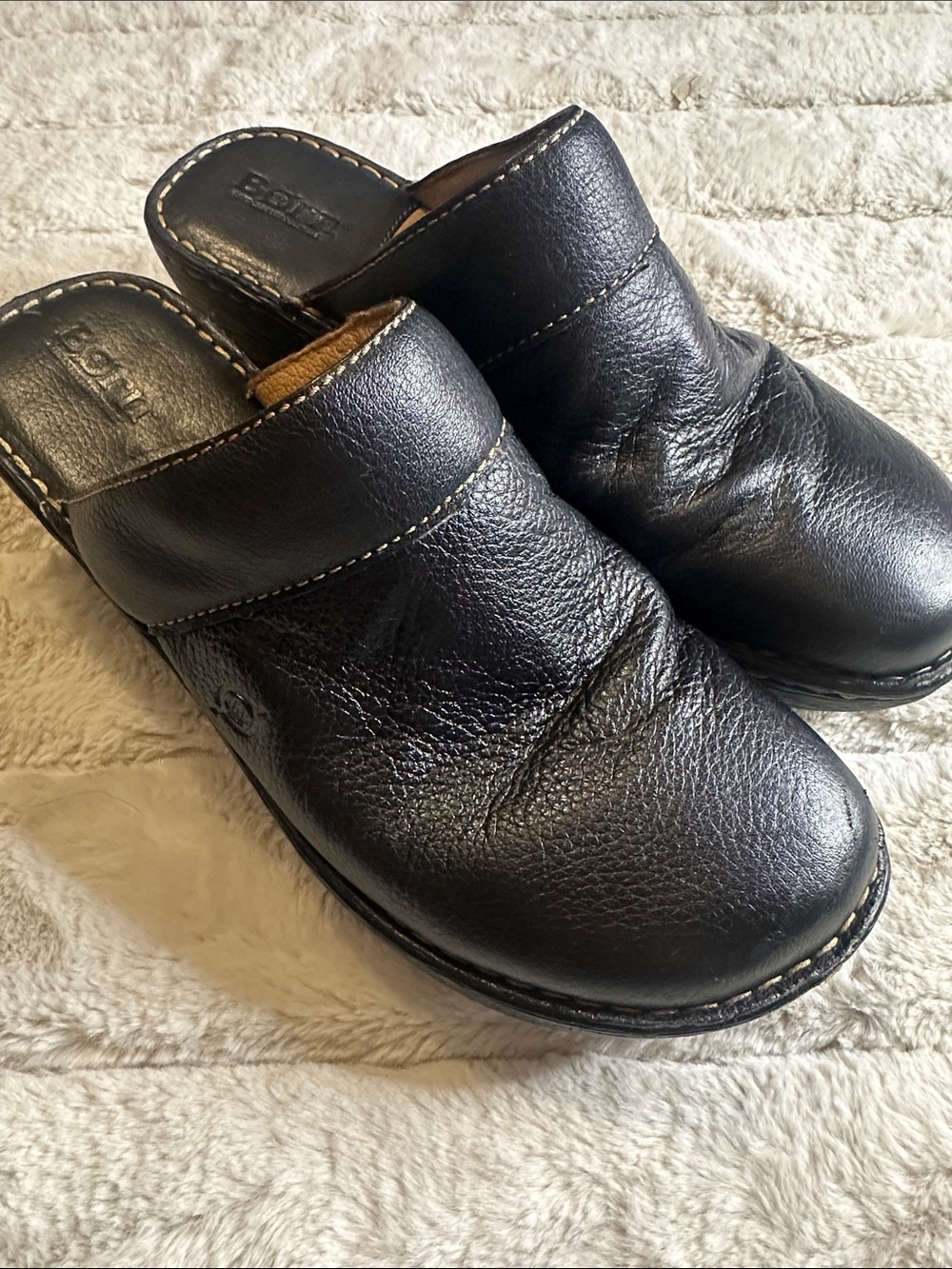 Born Black Leather Slip-On Clogs with Contrast Stitching